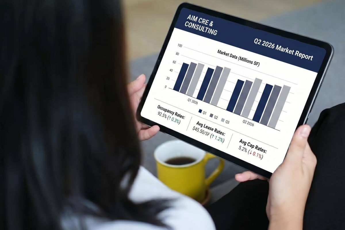 Woman holding tablet with a CRE report on screen